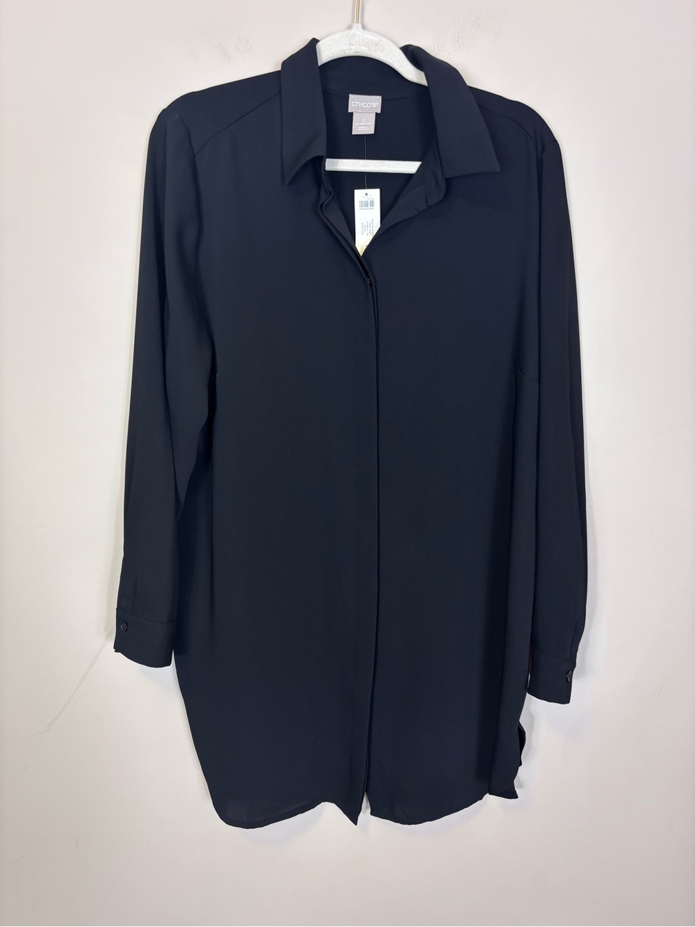 New Chico's Black Pleat Tunic Hidden Button Front Essential Shirt Large